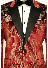 Resim Wessi Dik Yaka Slim Fit Altın Desenli Bordo Balo Ceket - Wessi Bordo 