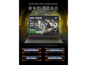 Resim Game Garaj Slayer R9T-5050 C1 Amd Ryzen 9 7845HX 32GB Ram 1tb SSD RTX5050 16" 180Hz Qhd+ IPS Freedos Gaming Laptop 