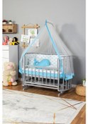 Resim Ahşap Beşik Anne Yanı Beşik Gri 60x120 Mavi Balina Uyku Seti Yatak Gri 