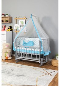 Resim Ahşap Beşik Anne Yanı Beşik Gri 60x120 Mavi Balina Uyku Seti Yatak Gri 