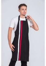 Resim Erkek Boyundan Asmalı Çizgili Barista Şef Mutfak Önlüğü Siyah 