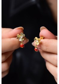 Resim Papatya Silver 925 Ayar Gümüş Gold Kaplama Kristal Kesim Uğur Böcekli Frezya Çiçeği Küpe 