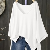 Resim Kadınlar için Şık V-Yaka Bol Kesim T-Shirt - Düz Renk Siyah, Kısa Kollu, Sırtı Açık, Esnek Kumaş, Yazlık Rahat Giyim, Rahat Yazlık Giyim | VYaka Şık Tişört | Parlak Dokulu 