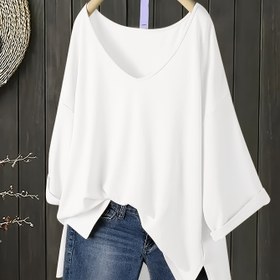 Resim Kadınlar için Şık V-Yaka Bol Kesim T-Shirt - Düz Renk Siyah, Kısa Kollu, Sırtı Açık, Esnek Kumaş, Yazlık Rahat Giyim, Rahat Yazlık Giyim | VYaka Şık Tişört | Parlak Dokulu 