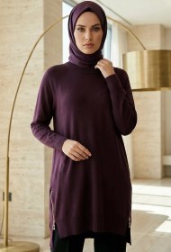 Resim Gülseli Yan Fermuarlı Tesettür Triko Tunik Mürdüm TZL-P-00020925 