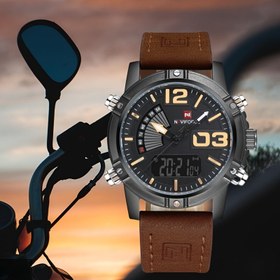 Resim Erkek Spor Saati Çift Ekranlı, Gece Lambası Alaşım Kılıf, LED Ekran, Kuvars Hareket, Kahverengi Deri Kayış - Aktif Yaşam Tarzı İçin İdeal, Dış Mekan Aktivite Saati|Çift Ekranlı Saat|Kuvars Hareket Saati 