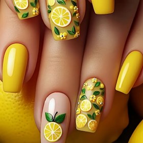 Resim 24 Parça Limon Desenli Kare Orta Boy Parlak Yapışkan Tırnaklar - Canlı Sarı Limon ve Yaprak Tasarımlı, Kadınlar İçin Günlük Kullanım, Parti Aksesuarları, Bahar Yaz Etkinlikleri için Tırnak Tutkalı ve Törpü Dahil 