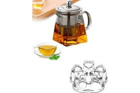 Resim Feyza Design Cam Piramit Demlik ve Isıtıcılı Set, Metal Süzgeçli, 750 ml 