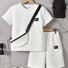 Resim Erkek Çocukların Şık Beyaz Kısa Kollu T-Shirt + Rahat Şort + Moda Çapraz Çanta Seti, Dış Mekanlar İçin Mükemmel 