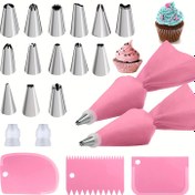 Resim [21 Parça Pembe Pasta Dekorasyon Seti] 14 Nozul, 2 Dönüştürücü, 2 Krema Torbası, 3 Spatula ile 21 Parça Pembe Paslanmaz Çelik Pasta Seti - Pasta, Kek, Kurabiye Dekorasyonu İçin Pasta Dekorasyon Seti, Mutfak Aletleri 