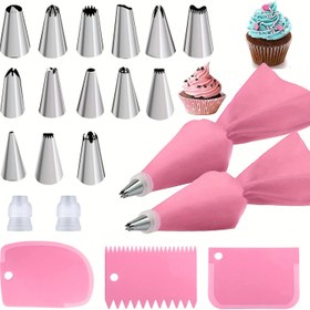 Resim [21 Parça Pembe Pasta Dekorasyon Seti] 14 Nozul, 2 Dönüştürücü, 2 Krema Torbası, 3 Spatula ile 21 Parça Pembe Paslanmaz Çelik Pasta Seti - Pasta, Kek, Kurabiye Dekorasyonu İçin Pasta Dekorasyon Seti, Mutfak Aletleri 