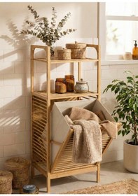 Resim Doğal Bambu Kirli Sepetli 2 Raflı Çok Amaçlı Banyo Düzenleyici Çamaşır Sepeti Organizer Bej 