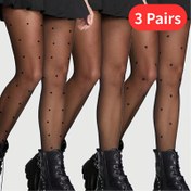Resim 3 adet Kadın Seksi Kalp & Polka Dot Desenli Tayt Kombinasyonu - Yüksek Bel, Esnek Naylon Karışımı, Siyah & Beyaz Tasarım, Günlük veya Parti Giyim için Mükemmel, Parti Giyim Çorapları | Eğlenceli Desenli Çoraplar | Esnek Kumaş 