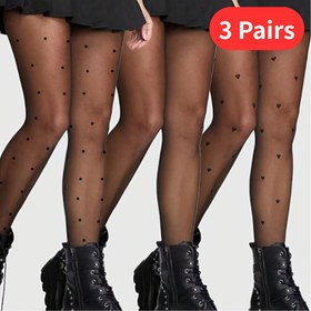 Resim 3 adet Kadın Seksi Kalp & Polka Dot Desenli Tayt Kombinasyonu - Yüksek Bel, Esnek Naylon Karışımı, Siyah & Beyaz Tasarım, Günlük veya Parti Giyim için Mükemmel, Parti Giyim Çorapları | Eğlenceli Desenli Çoraplar | Esnek Kumaş 