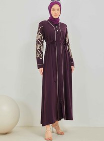 Resim İnci ve Kurdele Nakışı Detaylı Biyeli Abaya Ferace Mürdüm | 206768 - 44 / Mürdüm 