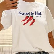 Resim 1 adet 'Tatlı ve Sıcak' Biber Grafik T-Shirt Kadınlar için - Günlük, Rahat Kesim, Her Gün Giyim, Doğum Günü ve Tatil Hediye Fikri, Günlük Tshirt | Trendy Casual Stil | Şık Harf Baskısı 