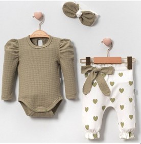 Resim 3-18 Ay Bandana Kız Bebek Takımı Kalpli 3'lü Waffle Yeşil Yeşil 