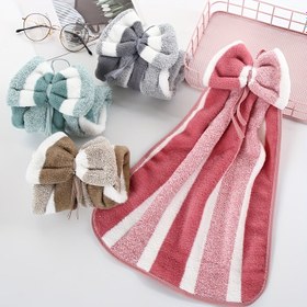 Resim 1 adet Canlı Mercan Kadife Çizgili Fiyonklu El Havlusu - Yumuşak, Hızlı Kuruyan, Emici Mikrofiber Havlu Banyo ve Mutfak için - Modern Tasarım, Cilde Nazik, Çizgi Film Teması, Örme Kumaş, 300g/m² 