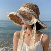 Resim 1 Adet Kadınlar İçin Geniş Kenarlı Dantel Tarzı Hasır Güneş Şapkası - Yaz Seyahati, Plaj ve Açık Hava Aktiviteleri için Elastik Polyester Vizör Bağlamalı 