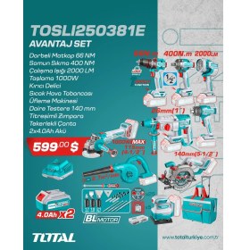 Resim Total 9'lu Akülü Taşlama Darbeli Matkap Set 4.0 Ah 6.0 Ah Üç Akü Profesyonel Çantalı ve Aksesuarları 