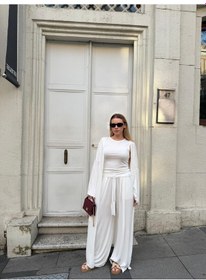 Resim Bonacosa Kadın Viskon 3 Lü Takım Kimono + Beli Lastikli Salaş Pantolon + Sıfır Kol Kolsuz 8 Renk Ekru 