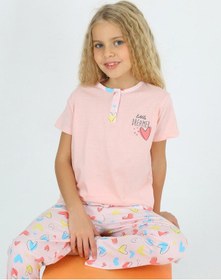 Resim Kız Çocuk Kısa Kollu %100 Pamuklu Düğme Detaylı Little Dreamer Pijama Takımı Somon SOMON 