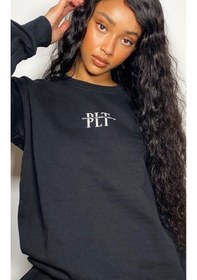 Resim Minimal Eşofman Takımı Sweatshirt Jogger - Baskılı Oversize Bisiklet Yaka Şardonlu Lastik Paça Siyah 
