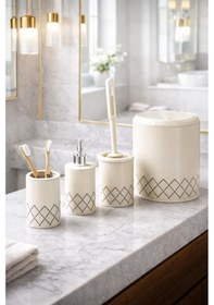 Resim Geometrik Zikzak Desenli 4 Lü Banyo Seti Krem 