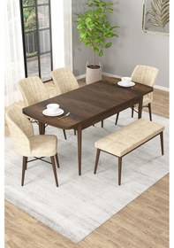 Resim Arel Barok Desen 80x132 Açılabilir Mdf Masa Yemek Odası Takımı, Mutfak Takımı 4 Sandalye, 1 Bench Barok Masa - 4+1 Krem - Ceviz Ayak 