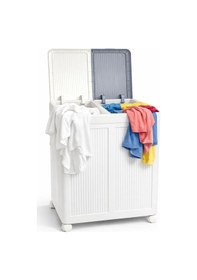 Resim Tekerlekli Katlanabilir 2 Bölmeli 100 Litre Çamaşır Ve Oyuncak Sepeti Pratik Ev Düzenleyici Beyaz 