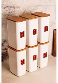 Resim Snippy Cube - 6'lı Vakumlu Ahşap Kapaklı Etiketli Plastik Saklama Kabı Baharatlık Saklama Organizeri 2900ml Beyaz 