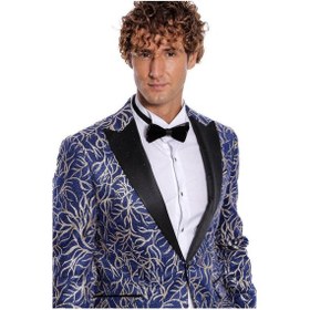 Resim Wessi Işıltılı Sarmaşık Desenli Slim Fit Mavi Erkek Smokin Ceket Mavi 