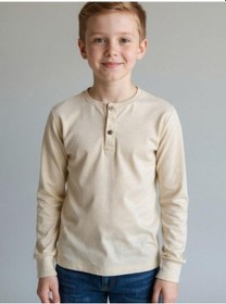 Resim Zekids Erkek Çocuk Düğmeli Pamuklu İnce Uzun Kollu T-shirt-16778 Bej 
