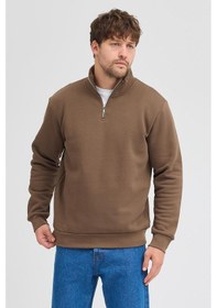 Resim Polostate Unisex Regular Fit Rahat Kesim Pamuklu Içi Polarlı Yarım Fermuarlı Kahverengi Dik Yaka Sweatshirt Kahverengi 