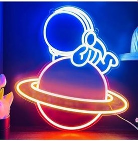 Resim Astronot & Satürn Neon Tabela Neon Yazı Dekoratif Aydınlatma, astronotsatürn 