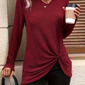 Resim Kadınlar için Rahat V Yaka Uzun Kollu T-Shirt - Zeytin Yeşili, Yumuşak Polyester Karışımı, Makinede Yıkanabilir, Günlük Giyim İçin Mükemmel, Bayan T-Shirt'ler 