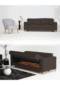 Resim Nola Koltuk Takımı 3+1 & Bazalı Yataklı Koltuk & Kanepe - Keten Gri-kahve 