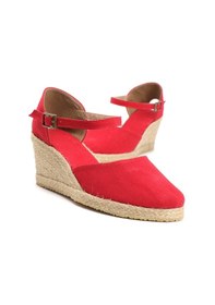 Resim Star Tombis Gerçek Elişi Bilekten Bantlı Topuğu Açık Keten Espadril Dolgu Topuk Handmade Kırmızı 