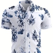 Resim Erkekler için Tropikal Çiçek Desenli Kısa Kollu Hawaii Gömleği - Canlı Mavi ve Yeşil Yaprak Tasarımı ile Rahat Yaz Düğme-Up, Plaj veya Tatil Stili için Hafif Polyester Kumaş, Hawaii Gömlekleri 