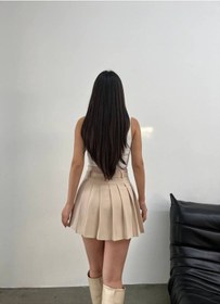 Resim Kadın Dokuma Kumaş Pileli Kemerli Etek Astarlı, Mini Boy, Modern Ve Şık Tasarım Bej 