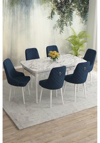 Resim Meri Serisi 80x132 Açılabilir Mdf Beyaz Mermer Desen Masa Takımı 6 Antrasit Sandalye Lacivert 