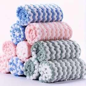 Resim 10 Adet Ultra Emici Mikrofiber Mutfak Havlusu - Yağ & Tüy Bırakmayan, Bulaşıklar & Tezgahlar İçin Mükemmel, Kolay Temizlenir, Modern Tarz, Kare, Sadece Elde Yıkama, Mavi, Pembe & Yeşil Çizgili 