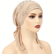 Resim Zarif Kadınlar için Bej Turban Şapka Dantel Detaylı - Yumuşak Polyester, Uzun Kuyruklu Elastik Başörtüsü, Nefes Alabilir & Rahat - Ramazan & Dış Aktiviteler için İdeal, Hicab Eşarp 