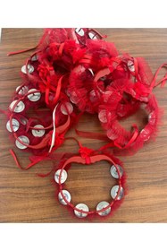 Resim Patiska Nostalji Kına Gecesi Tefi, 10 Adet Lazer Çiçekli, Kristal Tüllü ve Kurdele Süslü Tef 