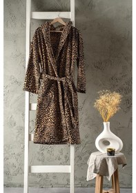 Resim Soley Panthera %100 Pamuk Kadın / Erkek Bornoz Unisex Leopar Baskılı - Kahve Biyeli 