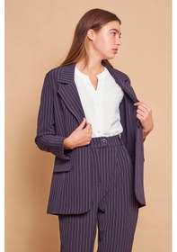 Resim Ekoseli Yakalı Kolu Katlamalı Cep Kapaklı Boyfriend Hafif Likralı Kumaş Blazer Ceket-lacivert Çizgi Lacivert Ç. 