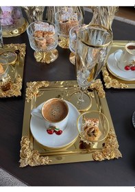 Resim Atabey Home Collection 2'li Kahve & Çay & Sunum Tepsisi Metal Döküm Kare Gold Tepsi Gül Model 
