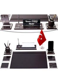 Resim Star Bayraklı Mermer Desenli Ahşap Sümen Takımı Deri Sümen Seti Masa İsimliği - Gümüş 