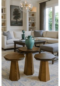 Resim Modern Tarz Ahşap Mantar Sehpa Seti Ceviz Renk 3 Lü Zigon Takımı Kahverengi 