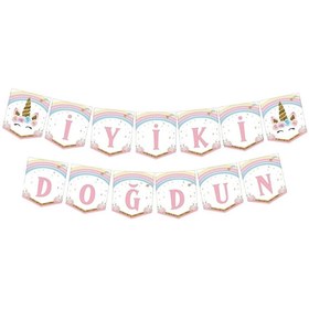 Resim Pembe Unicorn Detaylı İyi ki Doğdun Banner - Pembe / Tek Ebat 